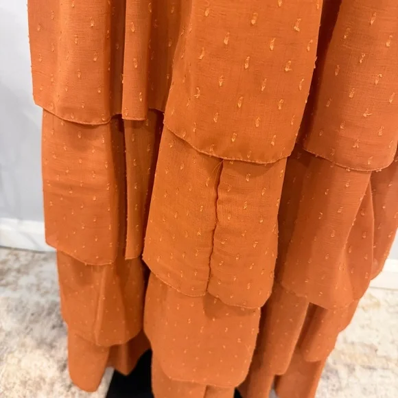 leena For Mac Duggal Burnt Orange Polka Dot Ruffle Tiered Maxi Gown - Reemoly